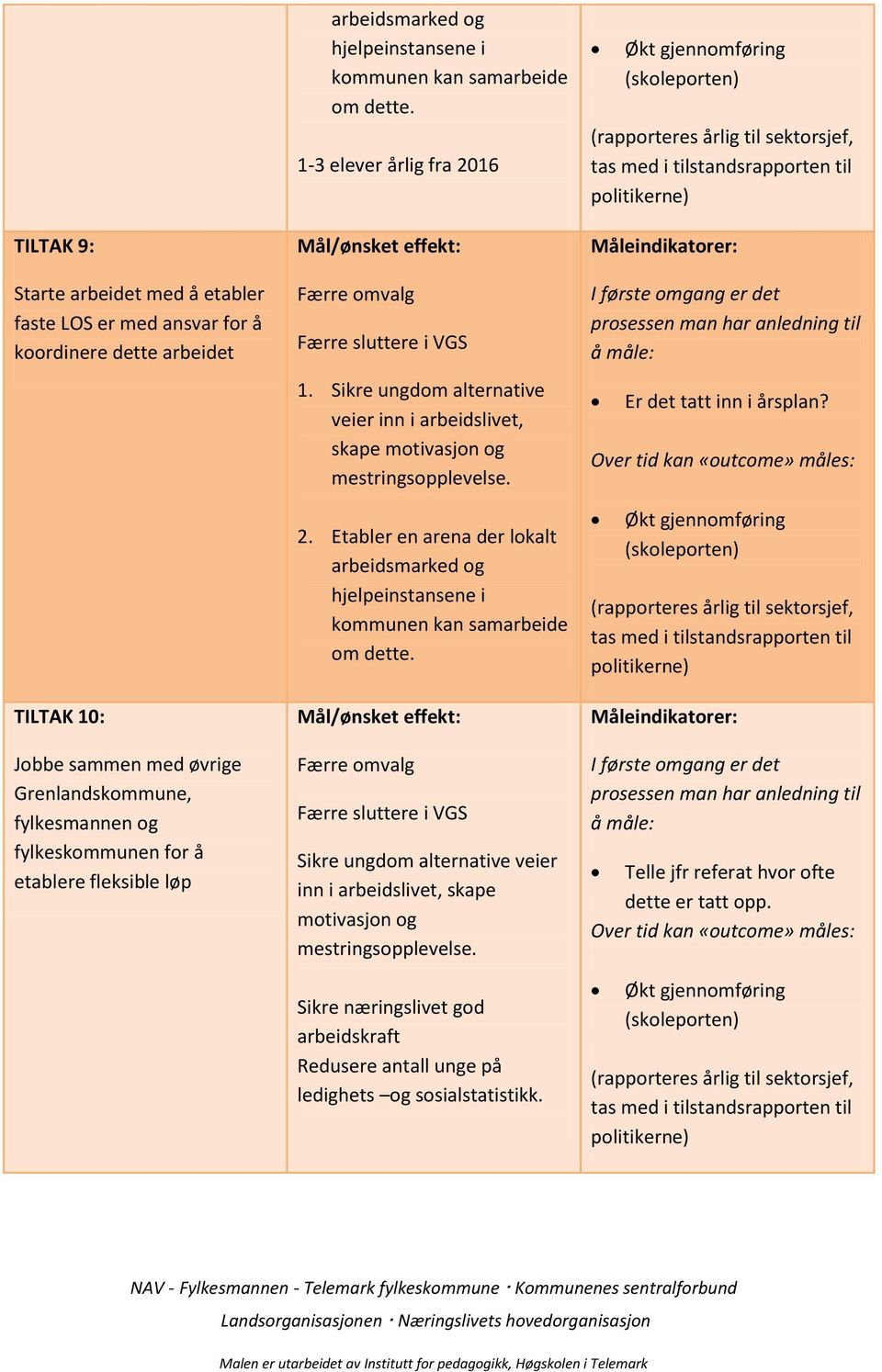 Sikre ungdom alternative veier inn i arbeidslivet, skape motivasjon og mestringsopplevelse. 2. Etabler en arena der lokalt arbeidsmarked og hjelpeinstansene i kommunen kan samarbeide om dette.