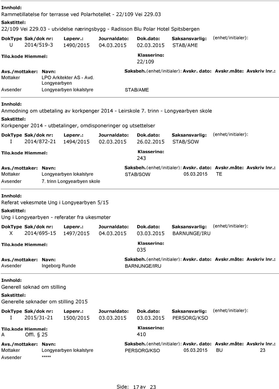 trinn - Longyearbyen skole Korkpenger 2014 - utbetalinger, omdisponeringer og utsettelser 2014/872-21 1494/2015 243 Avs./mottaker: Navn: Saksbeh. Avskr. dato: Avskr.måte: Avskriv lnr.: 05.03.