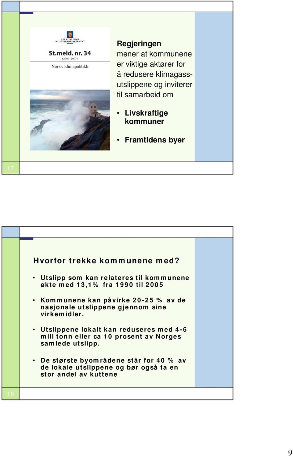 Utslipp som kan relateres til kommunene økte med 13,1% fra 1990 til 2005 Kommunene kan påvirke 20-25 % av de nasjonale utslippene