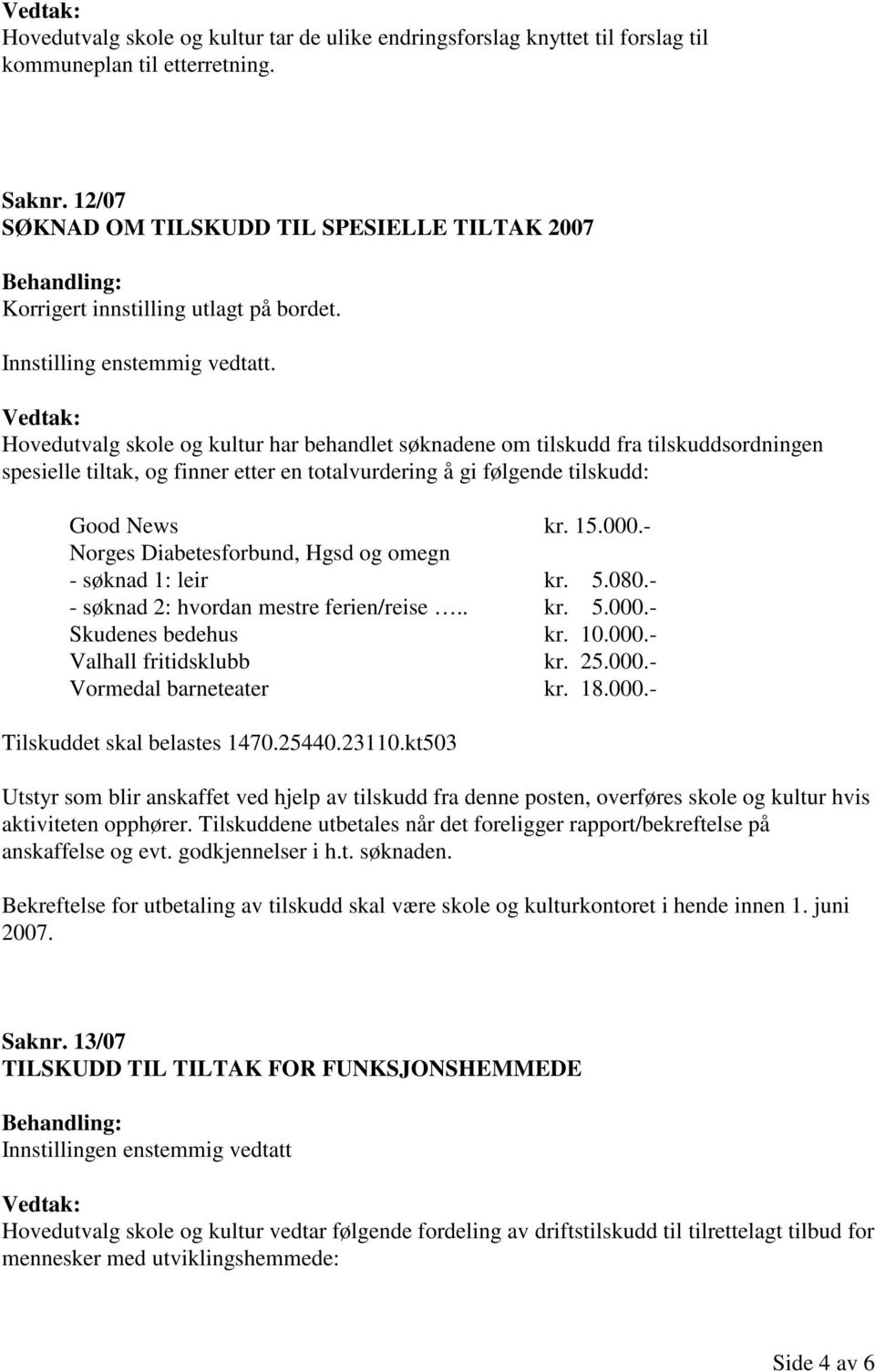 Hovedutvalg skole og kultur har behandlet søknadene om tilskudd fra tilskuddsordningen spesielle tiltak, og finner etter en totalvurdering å gi følgende tilskudd: Good News kr. 15.000.