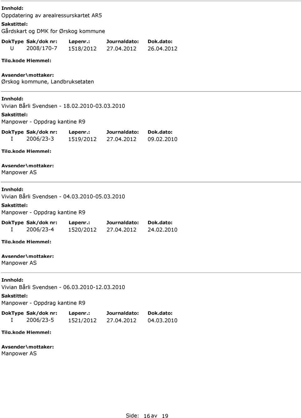 02.2010 Vivian Bårli Svendsen - 04.03.2010-05.03.2010 Manpower - Oppdrag kantine R9 2006/23-4 1520/2012 24.02.2010 Vivian Bårli Svendsen - 06.