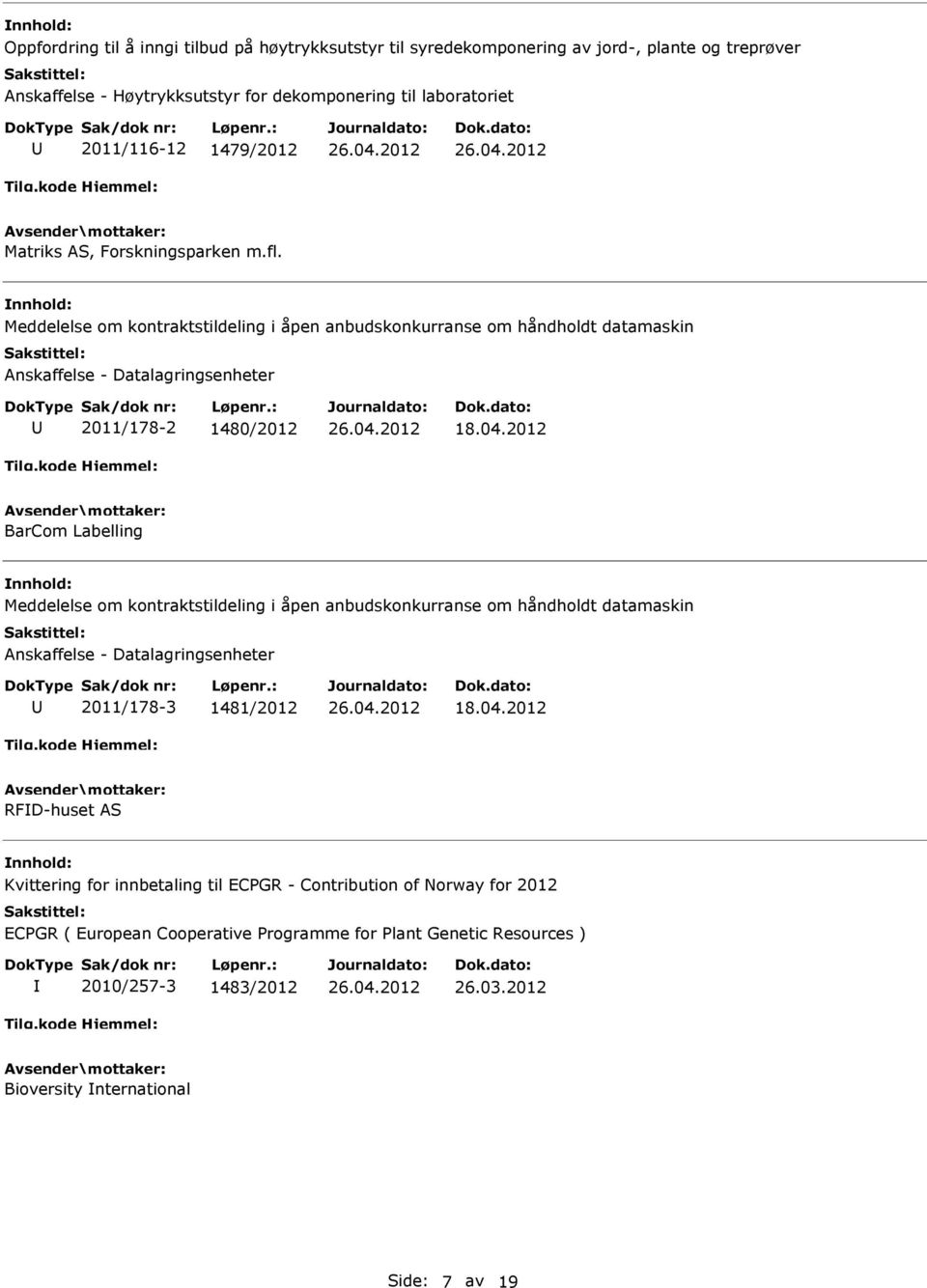 2012 BarCom Labelling Meddelelse om kontraktstildeling i åpen anbudskonkurranse om håndholdt datamaskin Anskaffelse - Datalagringsenheter 2011/178-3 1481/2012 18.04.