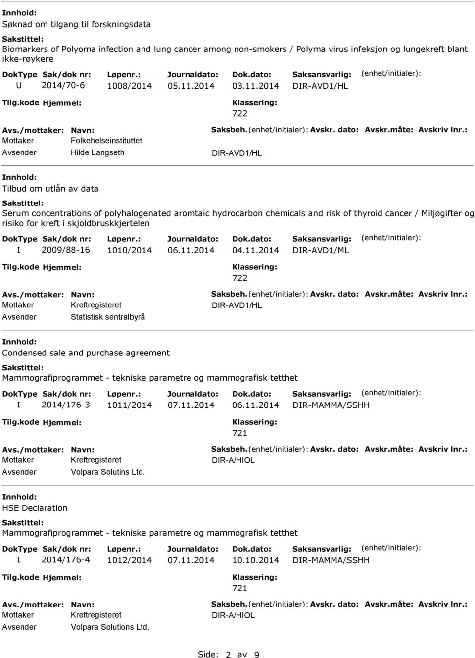 : Mottaker Folkehelseinstituttet Hilde Langseth DR-AVD1/HL Tilbud om utlån av data Serum concentrations of polyhalogenated aromtaic hydrocarbon chemicals and risk of thyroid cancer / Miljøgifter og