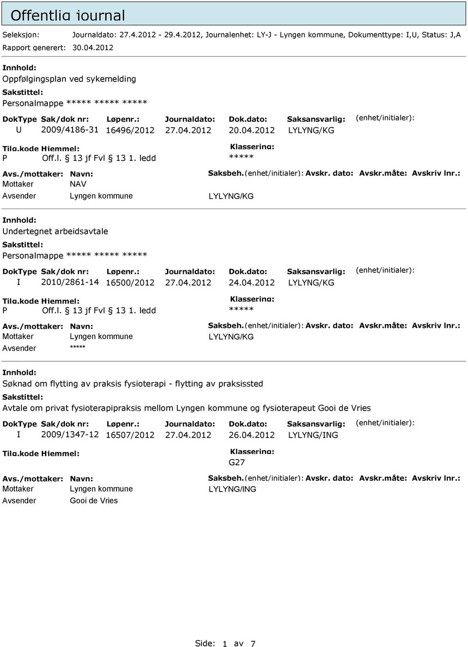 : Mottaker NAV nnhold: ndertegnet arbeidsavtale ersonalmappe 2010/2861-14 16500/2012 Avs./mottaker: Navn: Saksbeh. Avskr. dato: Avskr.måte: Avskriv lnr.