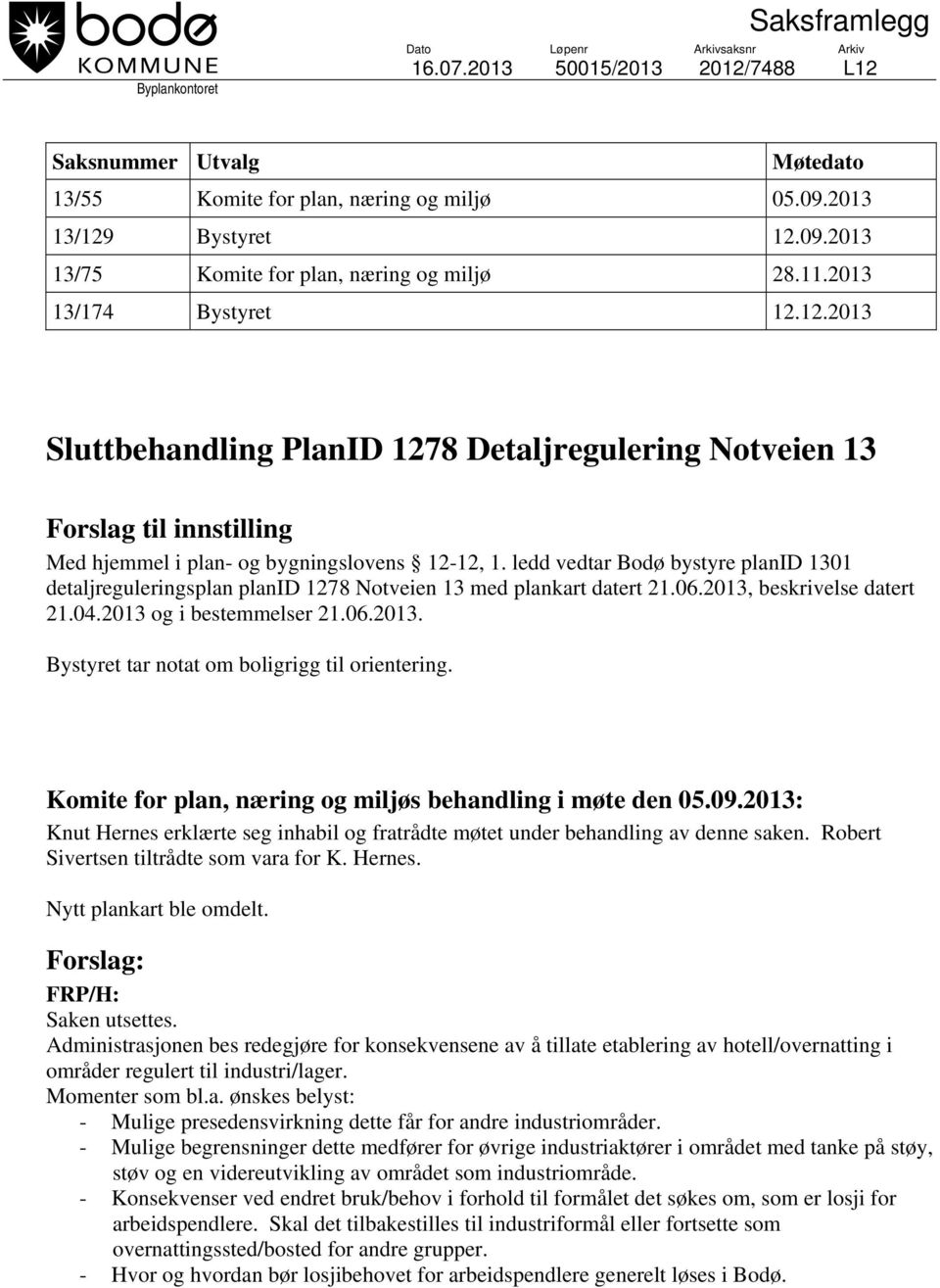ledd vedtar Bodø bystyre planid 1301 detaljreguleringsplan planid 1278 Notveien 13 med plankart datert 21.06.2013, beskrivelse datert 21.04.2013 og i bestemmelser 21.06.2013. Bystyret tar notat om boligrigg til orientering.