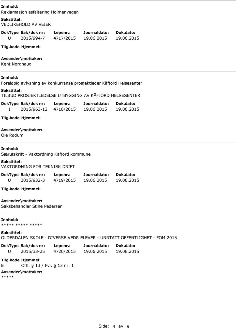 Ole Rødum Særutskrift - Vaktordning Kåfjord kommune VAKTORDNNG FOR TEKNSK DRFT 2015/932-3 4719/2015 Saksbehandler Stine