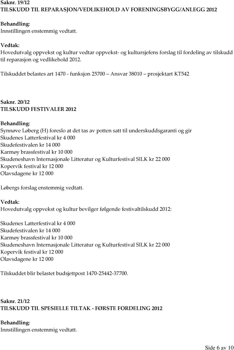 2012. Tilskuddet belastes art 1470 - funksjon 25700 Ansvar 38010 prosjektart KT542  20/12 TILSKUDD FESTIVALER 2012 Synnøve Løberg (H) foreslo at det tas av potten satt til underskuddsgaranti og gir