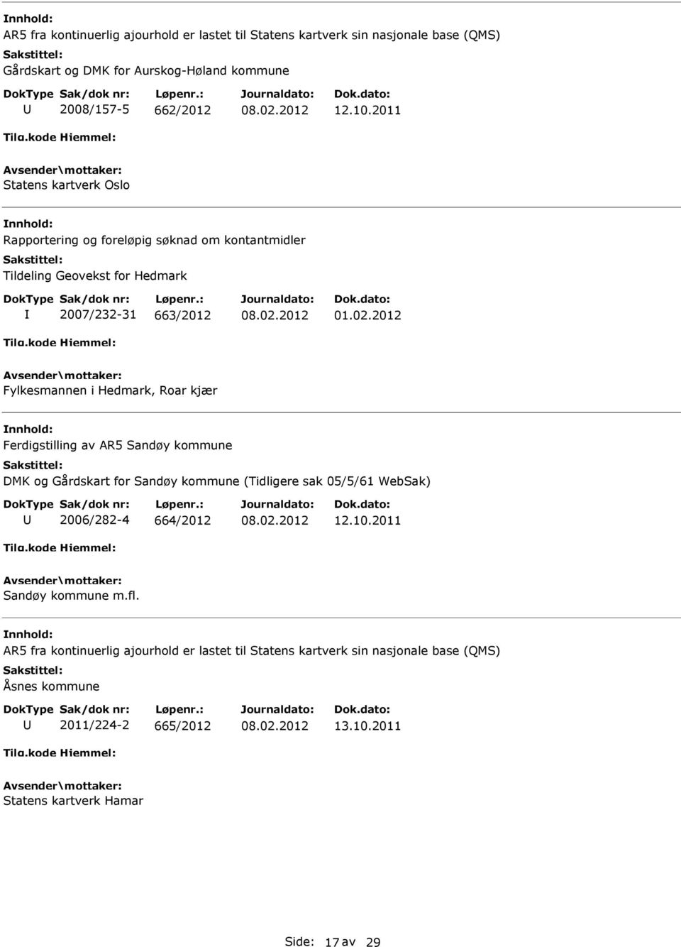 kjær Ferdigstilling av AR5 Sandøy kommune DMK og Gårdskart for Sandøy kommune (Tidligere sak 05/5/61 WebSak) 2006/282-4 664/2012 12.10.2011 Sandøy kommune m.fl.