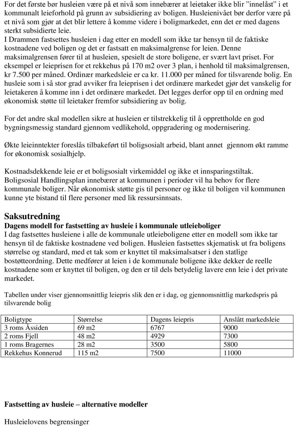 I Drammen fastsettes husleien i dag etter en modell som ikke tar hensyn til de faktiske kostnadene ved boligen og det er fastsatt en maksimalgrense for leien.
