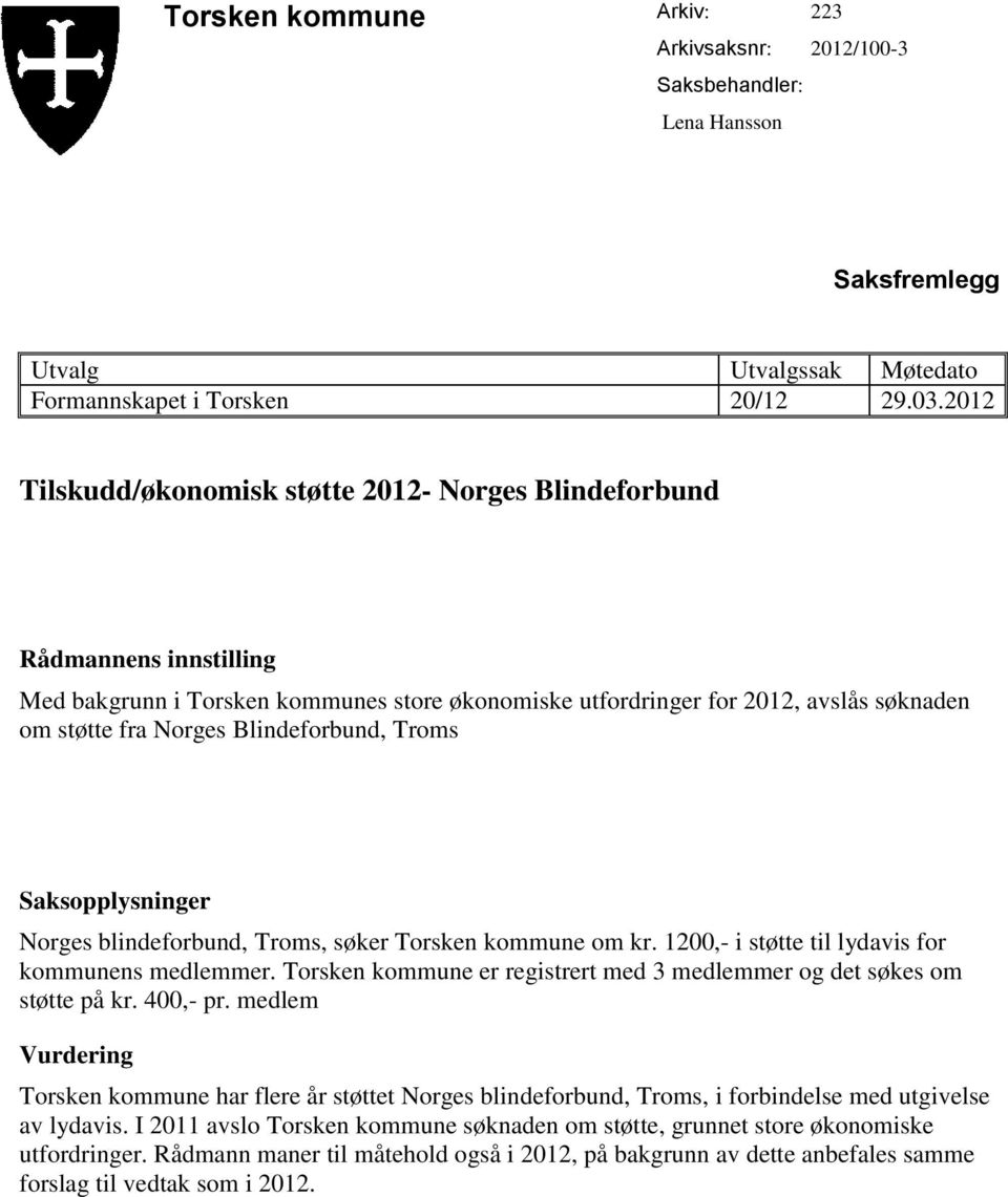 Saksopplysninger Norges blindeforbund, Troms, søker Torsken kommune om kr. 1200,- i støtte til lydavis for kommunens medlemmer.