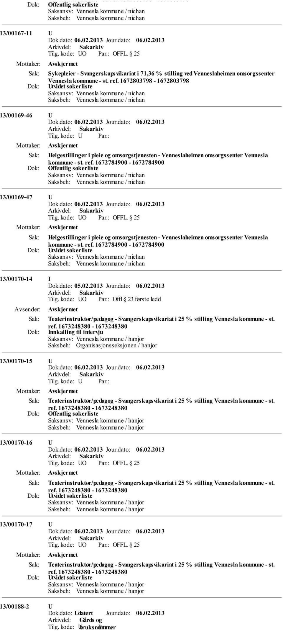 1672784900-1672784900 Utvidet søkerliste 13/00170-14 I Tilg. kode: UO Offl 23 første ledd Teaterinstruktør/pedagog - Svangerskapsvikariat i 25 % stilling Vennesla kommune - st. ref.