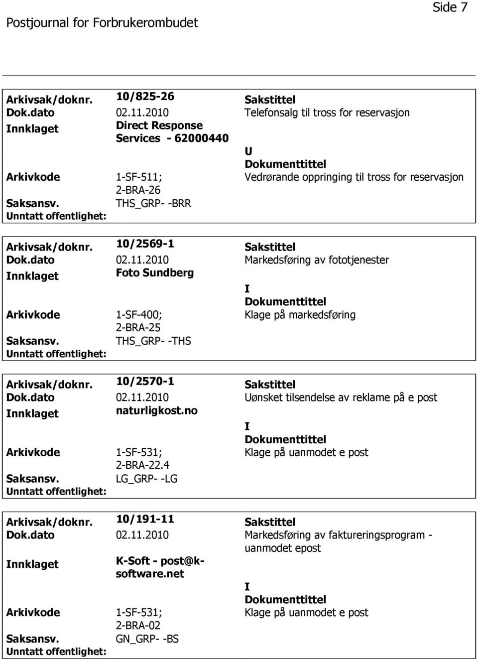 10/2569-1 Sakstittel Dok.dato 02.11.2010 Markedsføring av fototjenester Foto Sundberg 1-SF-400; Klage på markedsføring 2-BRA-25 THS_GRP- -THS Arkivsak/doknr. 10/2570-1 Sakstittel Dok.