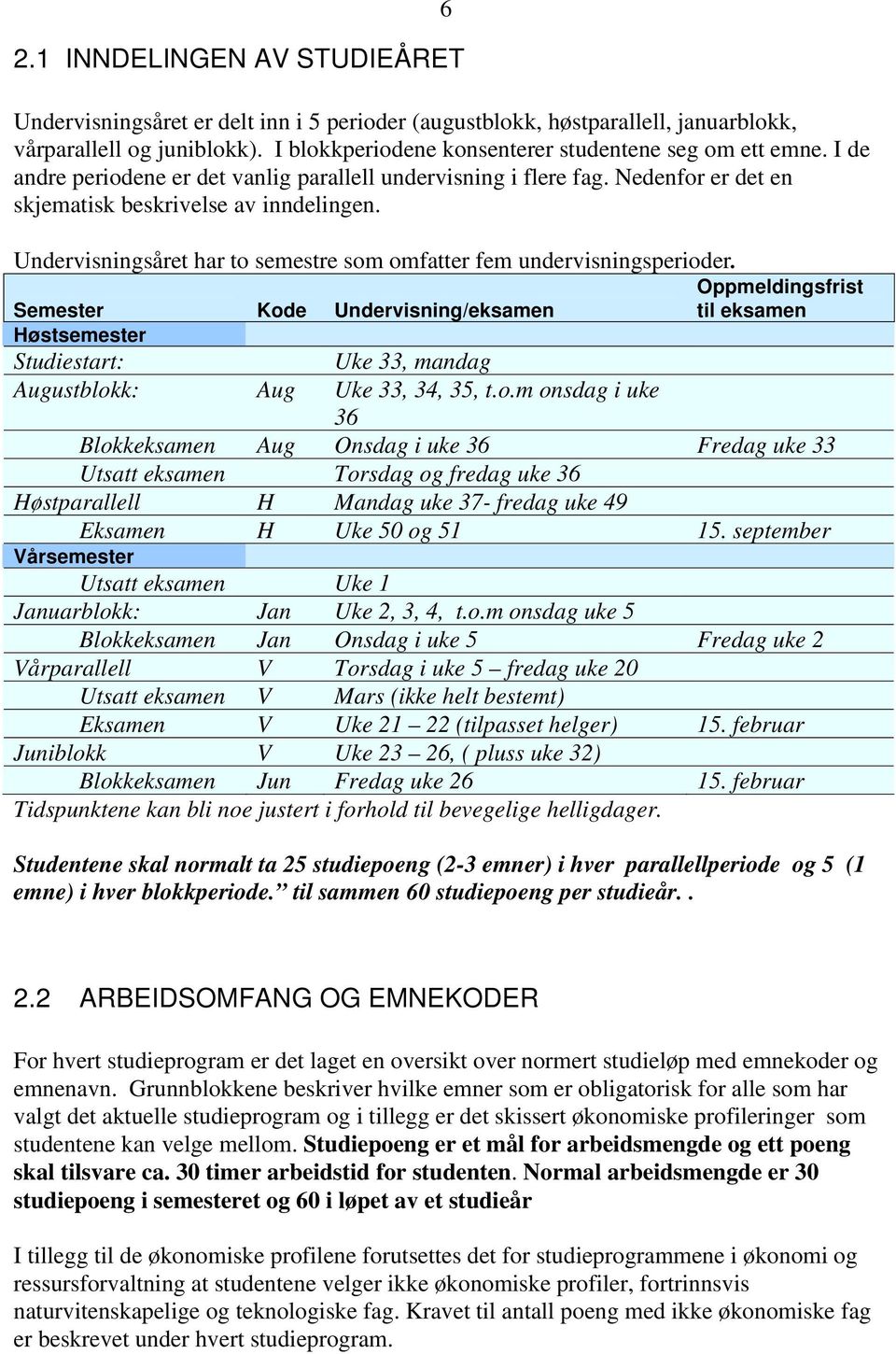 Undervisningsåret har to semestre som omfatter fem undervisningsperioder.