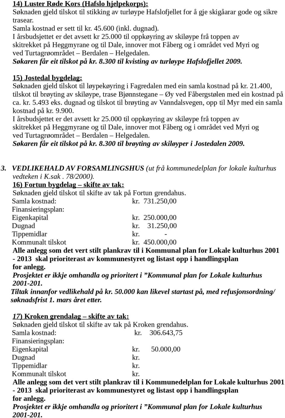 000 til oppkøyring av skiløype frå toppen av skitrekket på Heggmyrane og til Dale, innover mot Fåberg og i området ved Myri og ved Turtagrøområdet Berdalen Helgedalen. Søkaren får eit tilskot på 8.