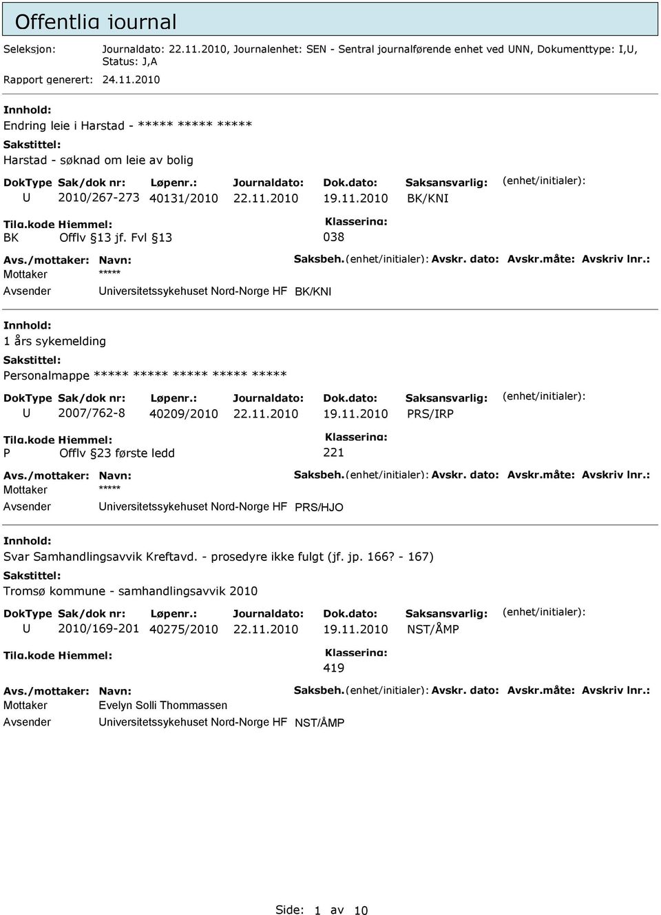 Fvl 13 038 Mottaker ***** niversitetssykehuset Nord-Norge HF BK/KN 1 års sykemelding Personalmappe ***** ***** ***** ***** ***** 2007/762-8 40209/2010 PRS/RP P Offlv 23 første ledd 221