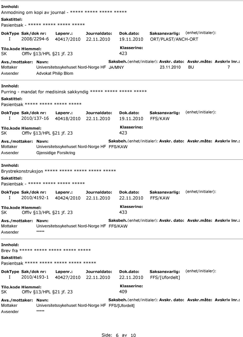 2010 B 7 Advokat Philip Blom Purring - mandat for medisinsk sakkyndig ***** ***** ***** ***** 2010/137-16 40418/2010 Mottaker niversitetssykehuset Nord-Norge HF Gjensidige