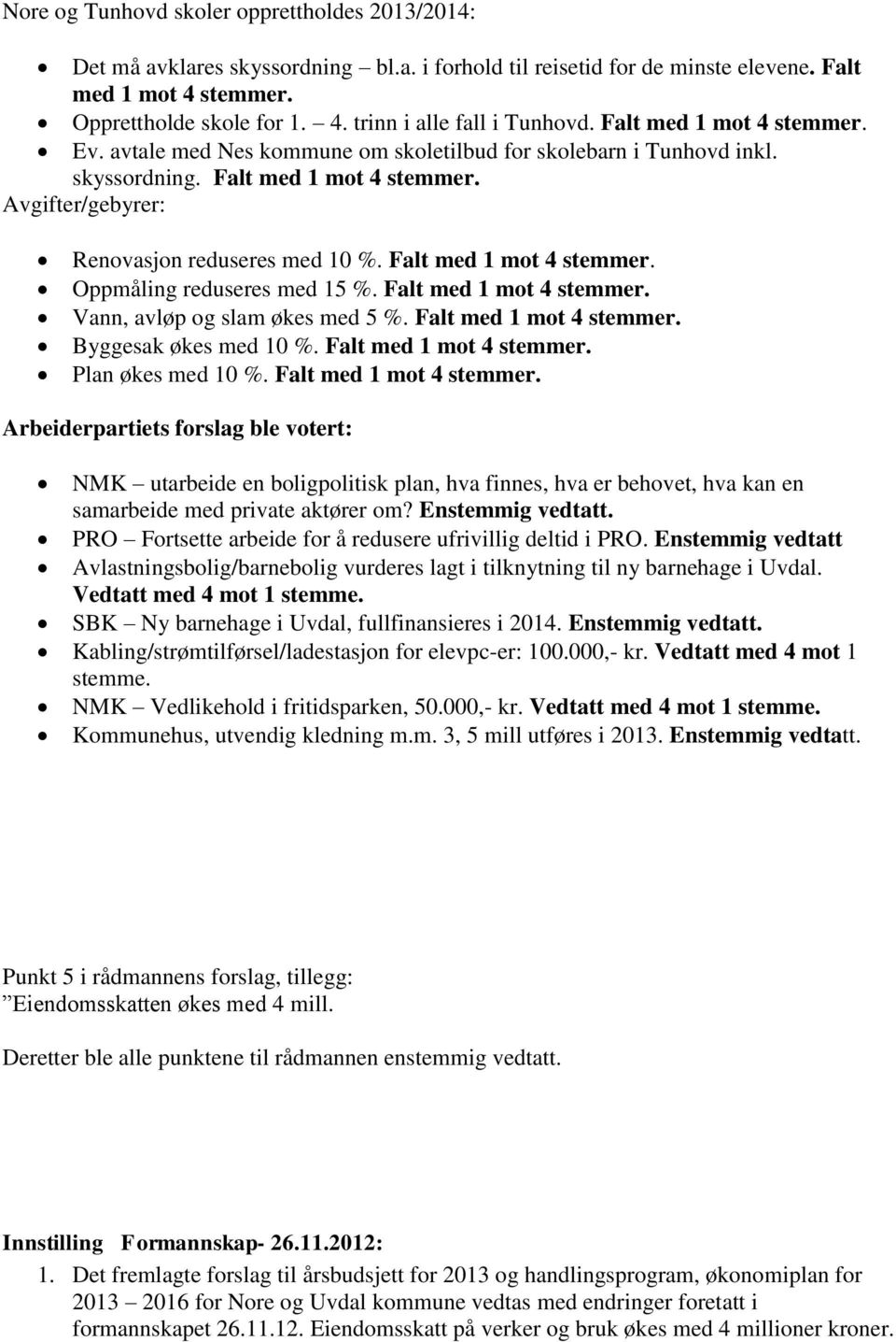 Falt med 1 mot 4 stemmer. Oppmåling reduseres med 15 %. Falt med 1 mot 4 stemmer. Vann, avløp og slam økes med 5 %. Falt med 1 mot 4 stemmer. Byggesak økes med 10 %. Falt med 1 mot 4 stemmer. Plan økes med 10 %.