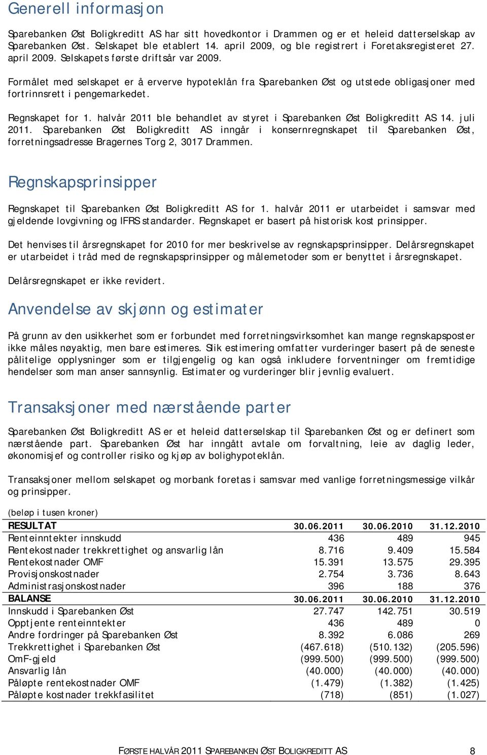 Formålet med selskapet er å erverve hypoteklån fra Sparebanken Øst og utstede obligasjoner med fortrinnsrett i pengemarkedet. Regnskapet for 1.