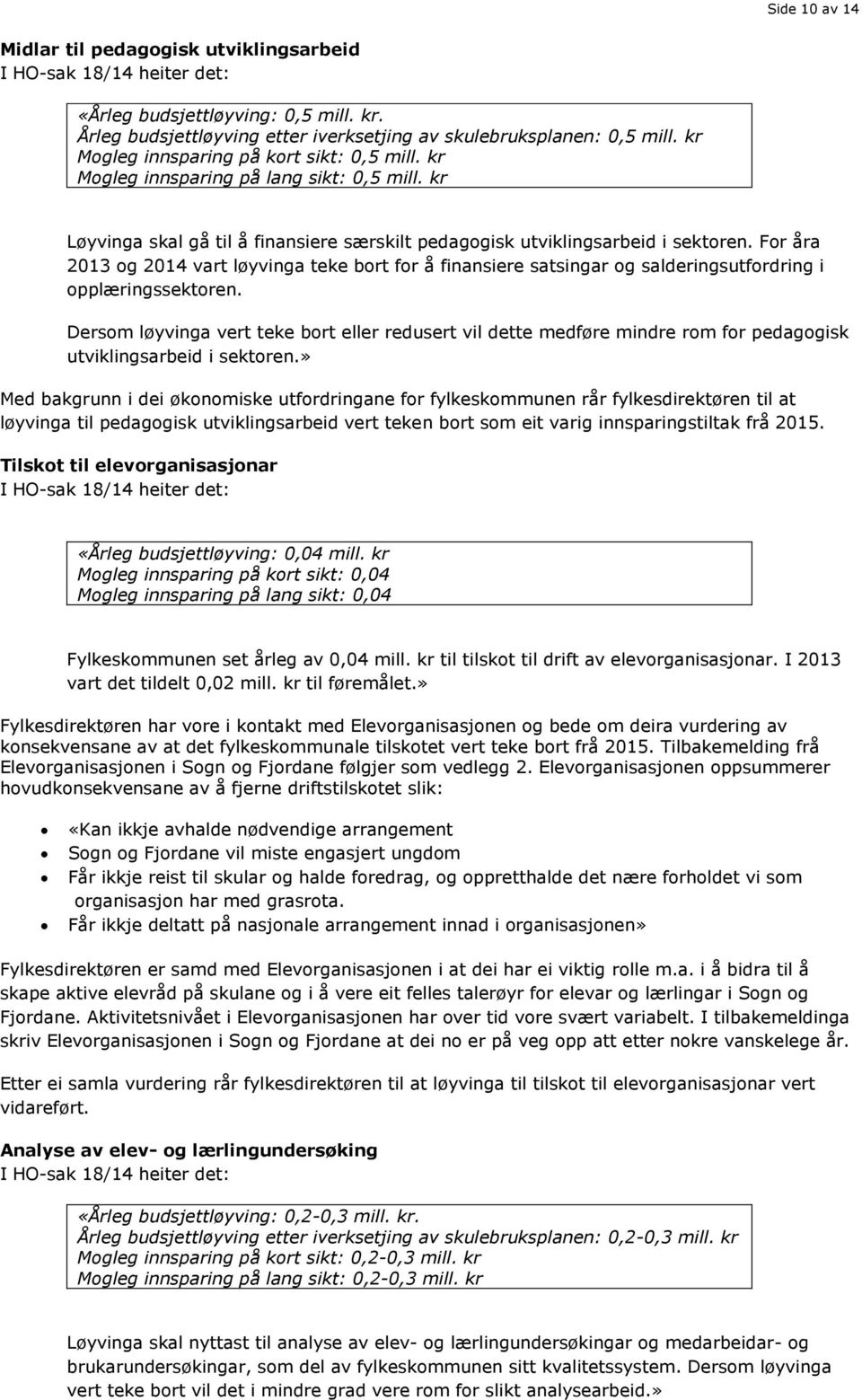 For åra 2013 og 2014 vart løyvinga teke bort for å finansiere satsingar og salderingsutfordring i opplæringssektoren.