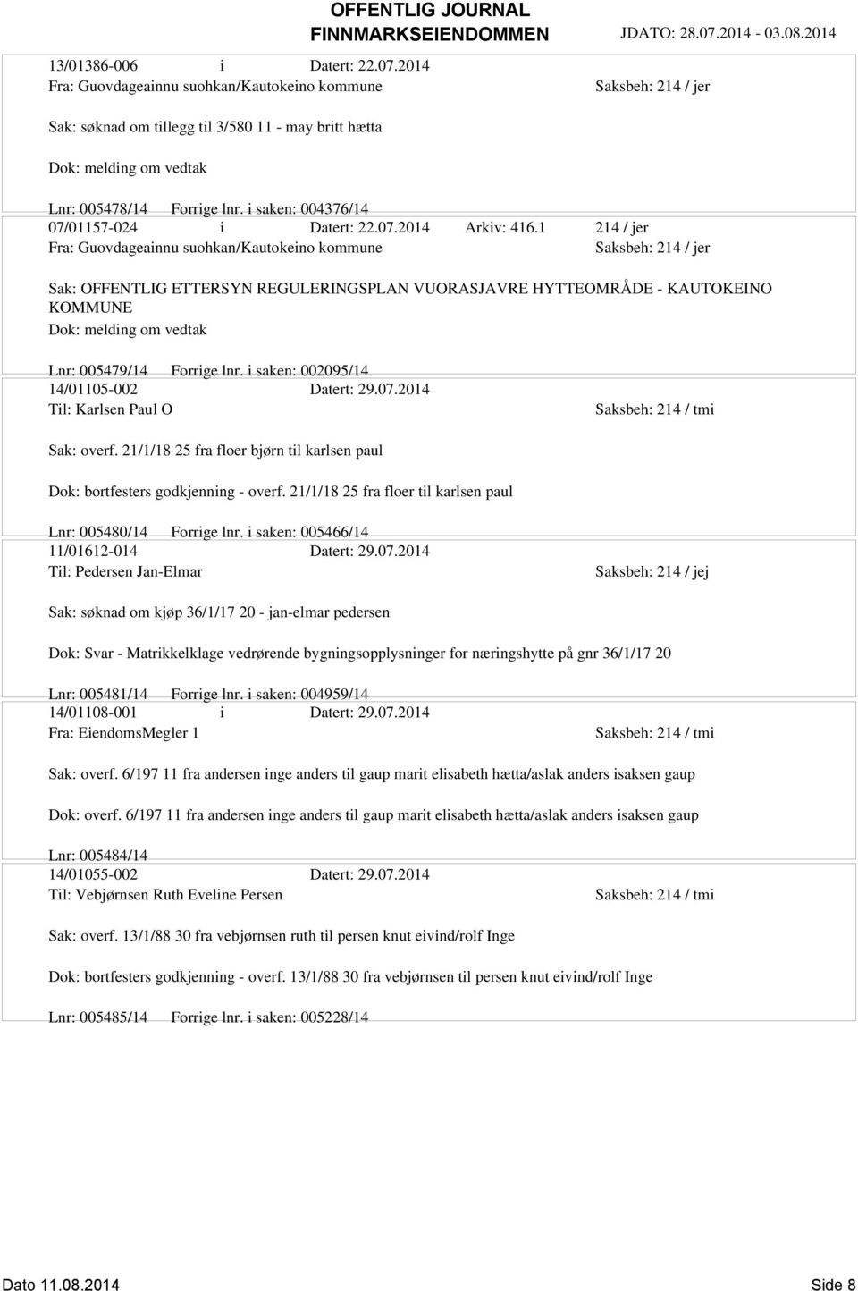 1 214 / jer Fra: Guovdageainnu suohkan/kautokeino kommune Sak: OFFENTLIG ETTERSYN REGULERINGSPLAN VUORASJAVRE HYTTEOMRÅDE - KAUTOKEINO KOMMUNE Dok: melding om vedtak Lnr: 005479/14 Forrige lnr.