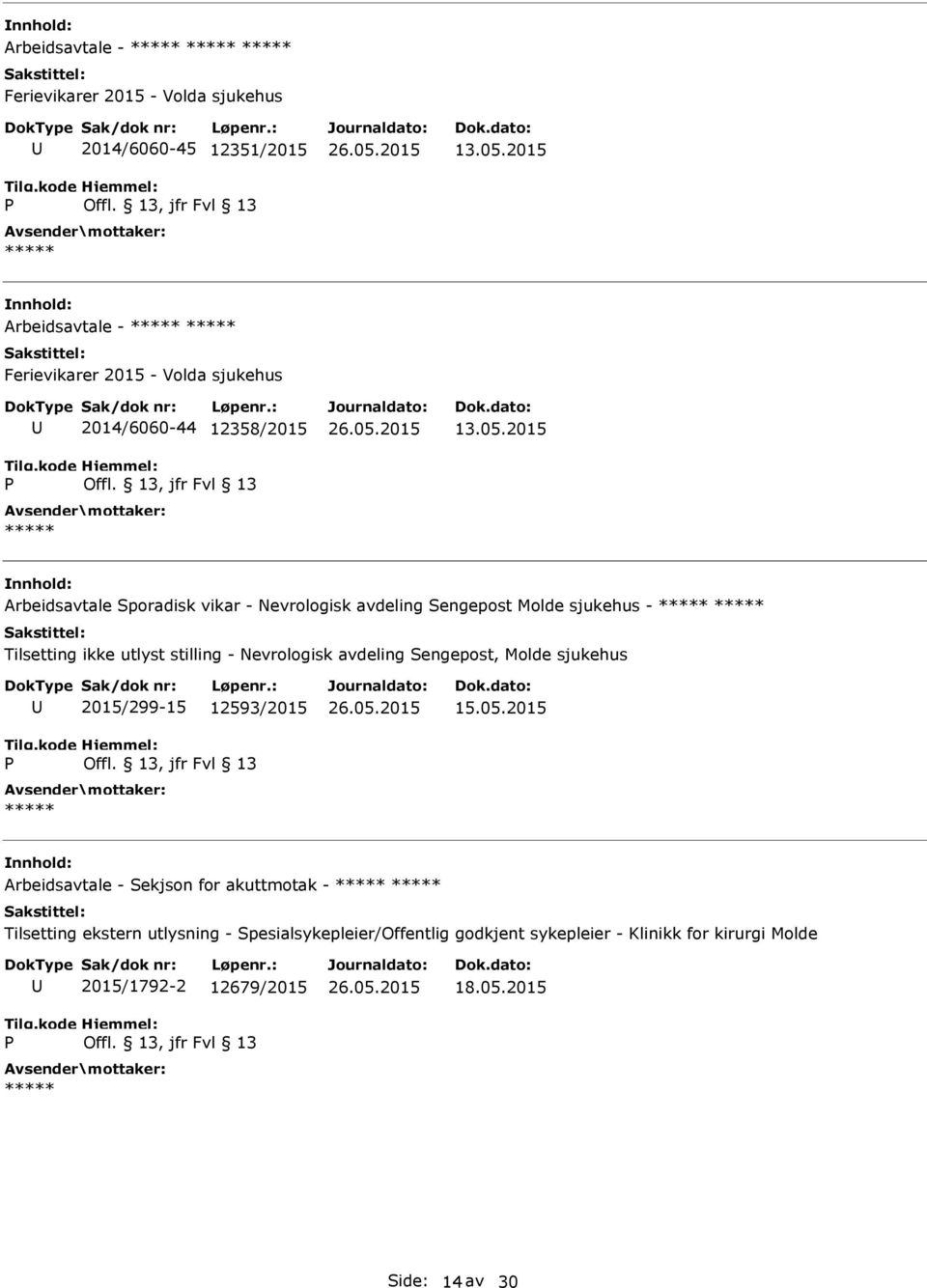 2015 Arbeidsavtale Sporadisk vikar - Nevrologisk avdeling Sengepost Molde sjukehus - Tilsetting ikke utlyst stilling - Nevrologisk avdeling