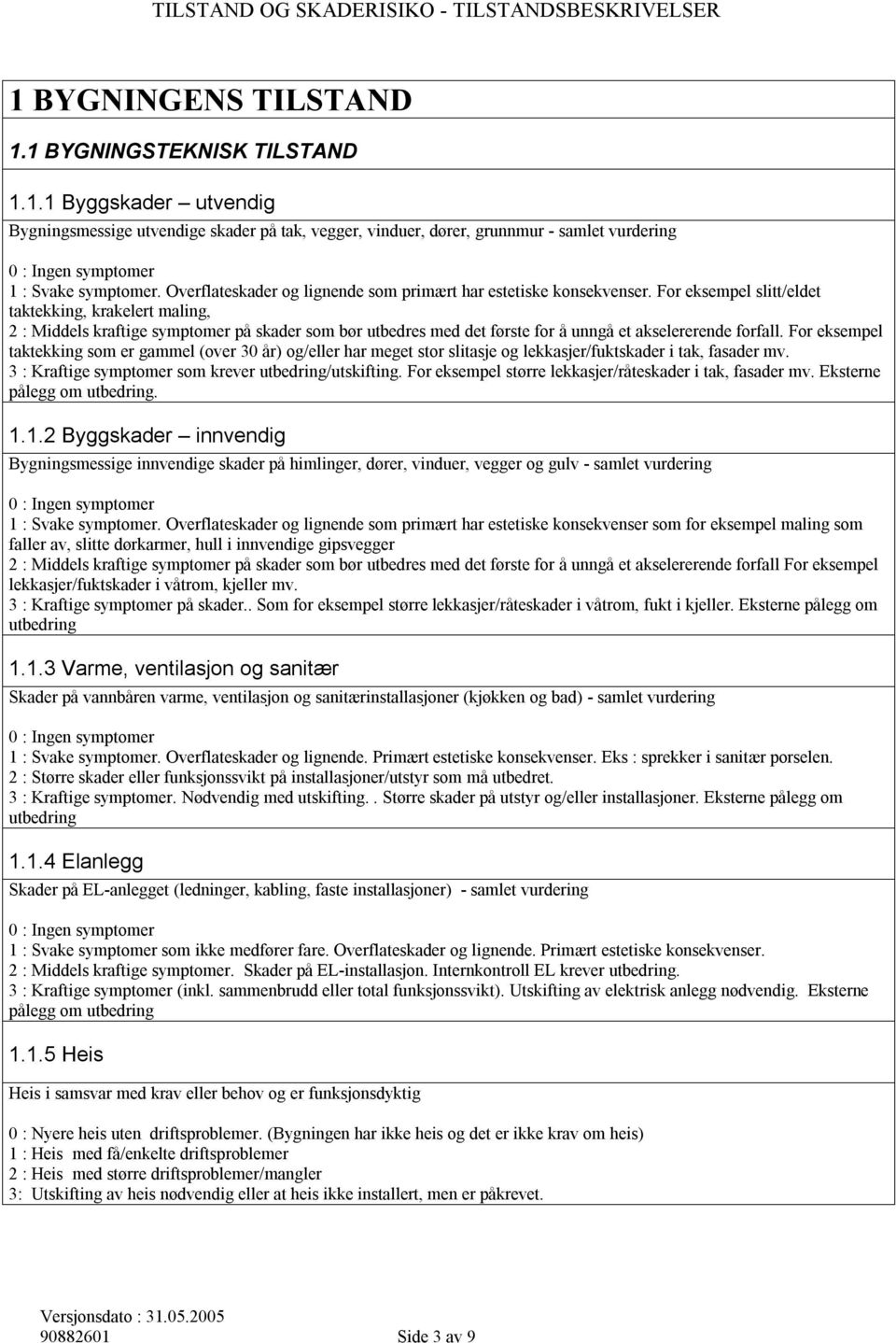 For eksempel slitt/eldet taktekking, krakelert maling, 2 : Middels kraftige symptomer på skader som bør utbedres med det første for å unngå et akselererende forfall.