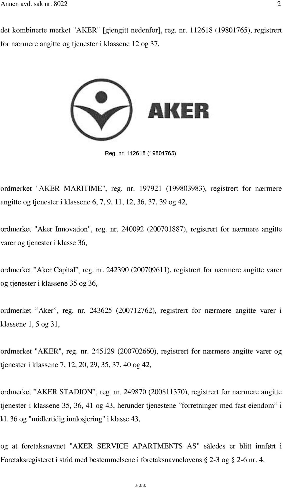 240092 (200701887), registrert for nærmere angitte varer og tjenester i klasse 36, ordmerket Aker Capital, reg. nr.