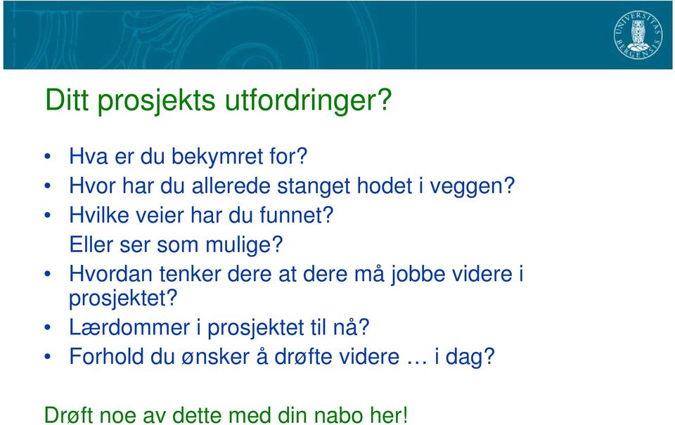 Eller ser som mulige? Hvordan tenker dere at dere må jobbe videre i prosjektet?