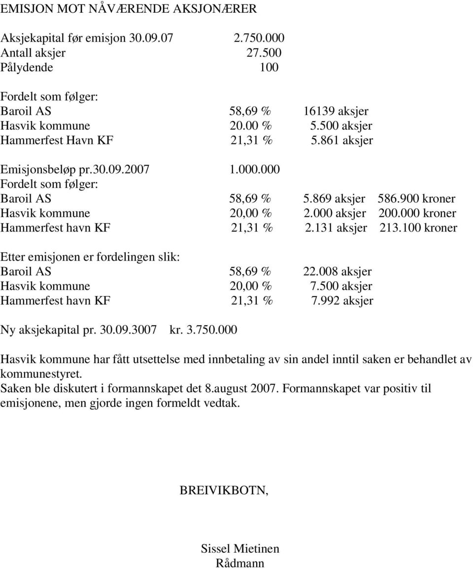 000 kroner Hammerfest havn KF 21,31 % 2.131 aksjer 213.100 kroner Etter emisjonen er fordelingen slik: Baroil AS 58,69 % 22.008 aksjer Hasvik kommune 20,00 % 7.500 aksjer Hammerfest havn KF 21,31 % 7.
