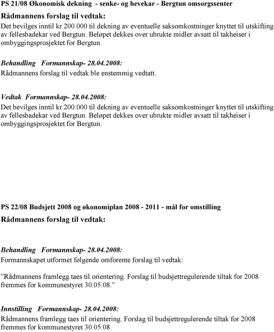 2008: Det bevilges inntil kr 200.000 til dekning av eventuelle saksomkostninger knyttet til utskifting av fellesbadekar ved Bergtun.