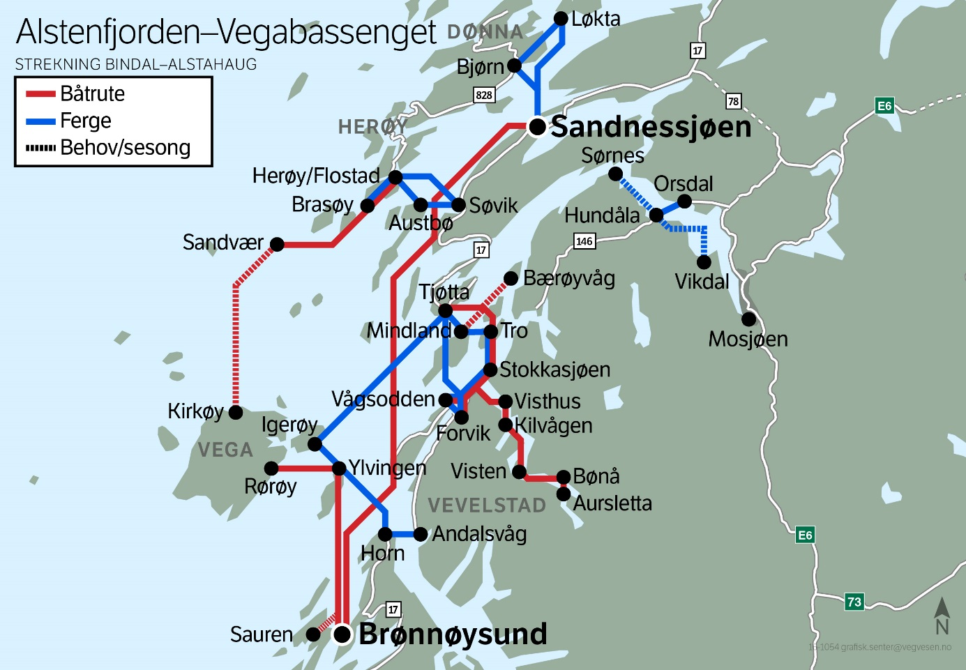 Figur 2 Framtidig struktur Alstenfjorden Tjøtta/Vegabassenget- Brønnøysund Vega- Brønnøysund - Sandnessjøen 1. Rute 18-142 Brønnøysund - Stortorgnes (Sauren) legges ned. 2. Båtrute 18-151 Brønnøysund Ylvingen - Rørøy anløper Sauren på bestilling.