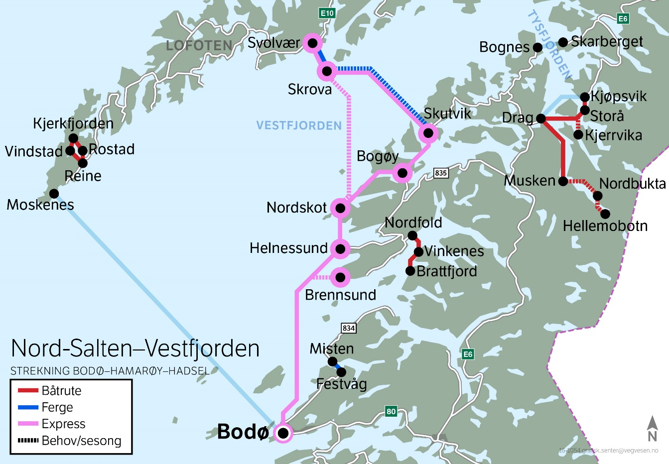 Sør for Bodø 1. NEX 1 har Sandnessjøen som endepunkt i sør. Korrespondanse på Onøy mot Lovund og Træna. NEX 1 anløper Bodø Sørarnøy i Gildeskål. Våg og Sørfugløy legges ned som anløpssted.