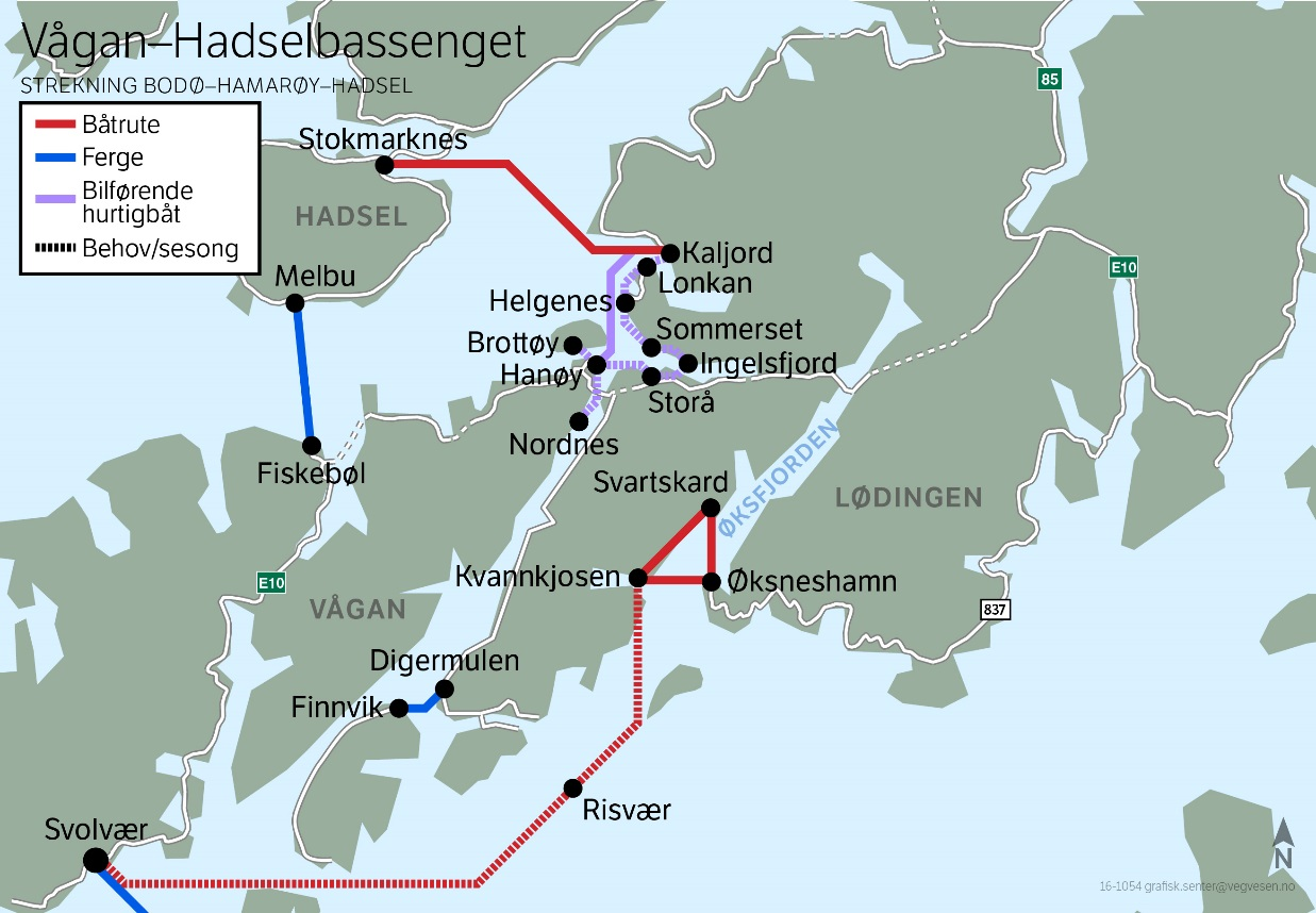 4.7 Område 5 Hamarøy Hadsel Figur 8 Framtidig struktur Vågan Hadsel- Lødingen Næringslivets transportbehov (kyst til marked strategien og turisme) er sentral for framtidas transportstruktur.