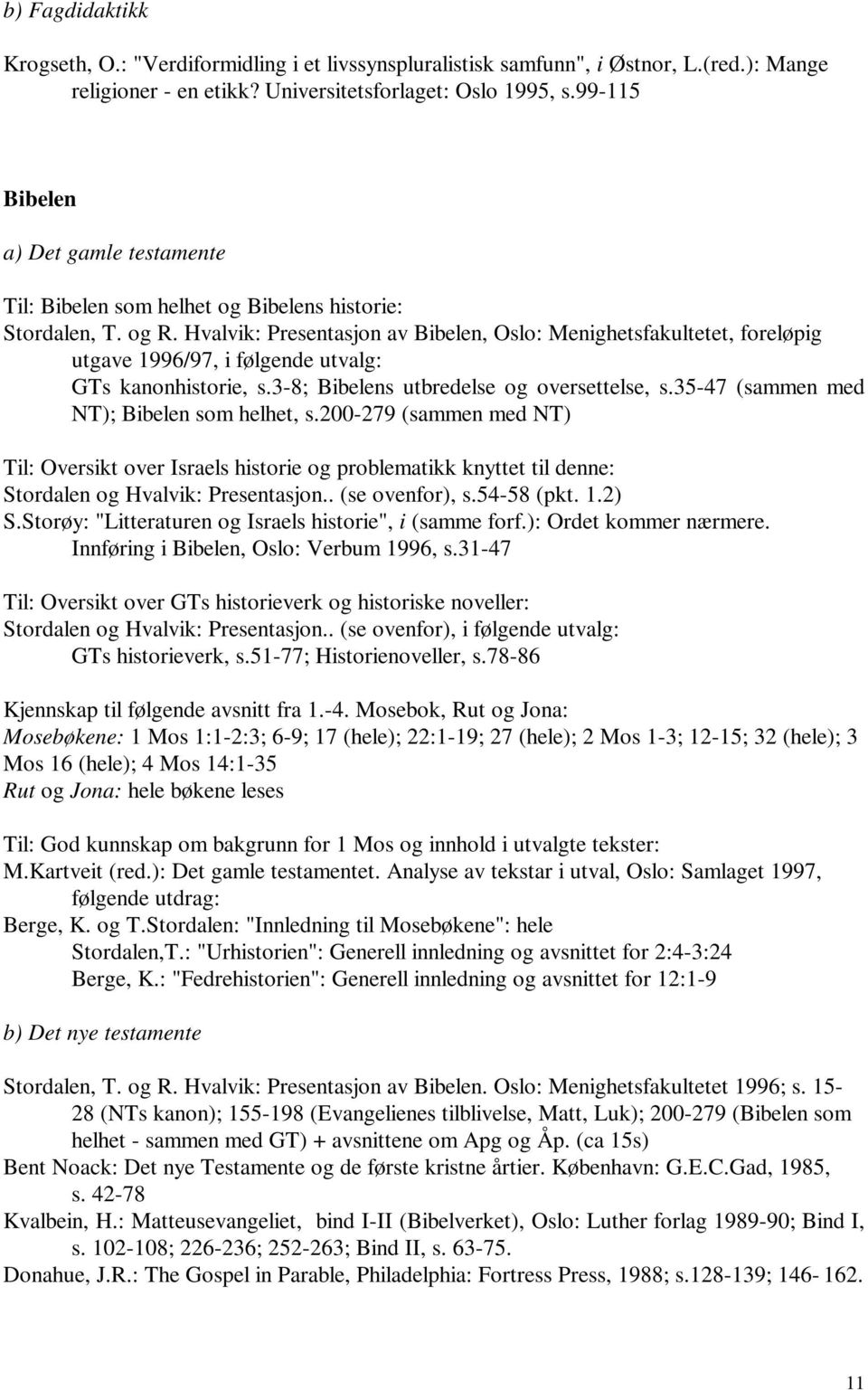 Hvalvik: Presentasjon av Bibelen, Oslo: Menighetsfakultetet, foreløpig utgave 1996/97, i følgende utvalg: GTs kanonhistorie, s.3-8; Bibelens utbredelse og oversettelse, s.