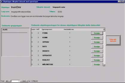 Figur 11. Skjema for innsyn av informasjon om objektegenskaper. Skjemaet viser objekttypenavnet, lang navn på objekttypen, og beskrivelse/definisjonen til objekttypen.