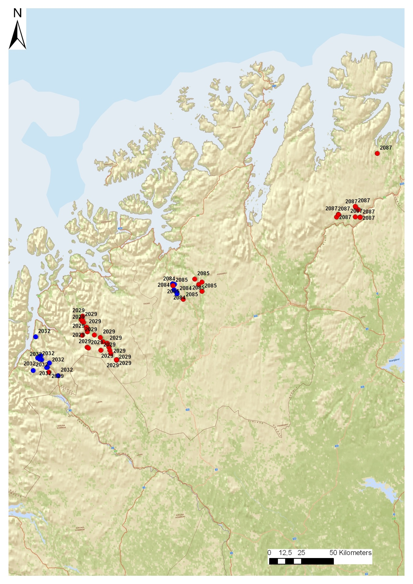 Figur 10 Eksempler på områdebruk for fem individer i Troms og Finnmark.