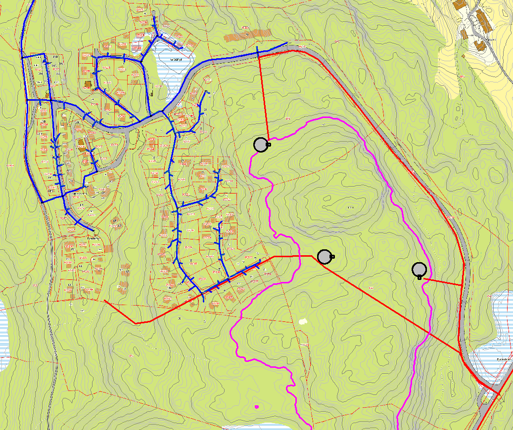 Høydebasseng Natveitåsen Forprosjekt 8 3.2 Alternativer Nedenfor er vist tre alternative plasseringer av bassenget, med ledningsanlegg vist med rød strek.