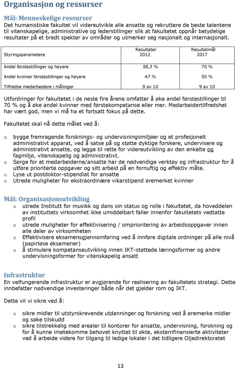 Styringsparametere Resultater 2012 Resultatmål 2017 Andel førstestillinger og høyere Andel kvinner førstestillinger og høyere Tilfredse medarbeidere i målinger 58,3 % 47 % 9 av 10 70 % 50 % 9 av 10