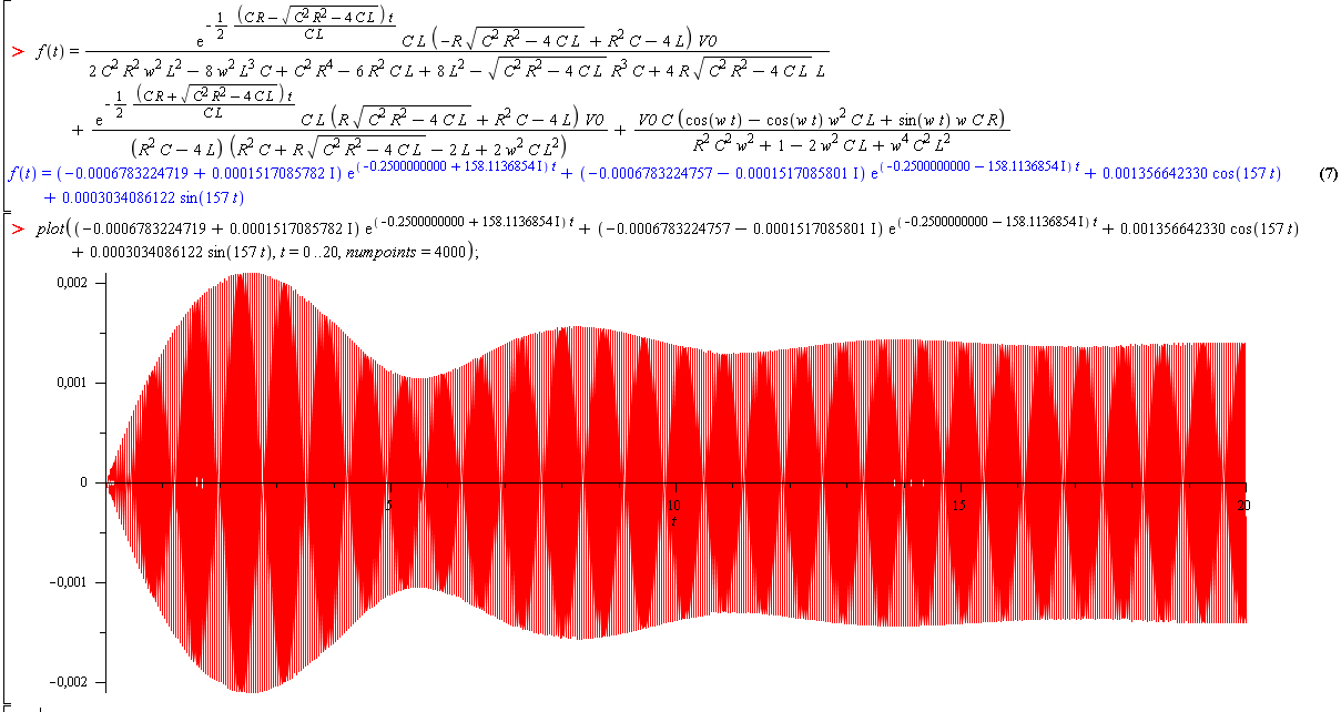 Maple-kjøring ved løsning av den inhomogene differentialligningen for ladning q (her