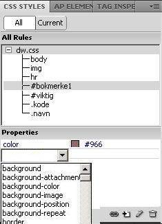 4 of 25 01.04.2015 16:26 Den nydefinerte IDen vises nå under All Rules i CSS Styles-ruten: NB (CSS syntaks) IDer har # foran navnet, mens klasser har et punktum foran navnet.