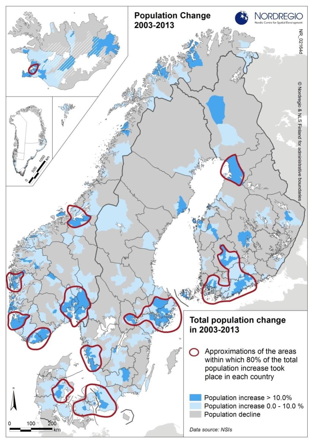 Norge i et nordisk perspektiv Kartet viser at det har vært mer geografisk spredning i befolkningsveksten i Norge enn i de andre