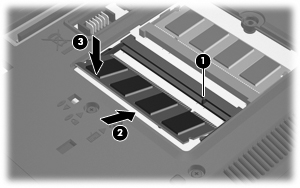 b. Ta tak i kantene på minnemodulen (2), og trekk den forsiktig ut av minnemodulsporet. Plasser minnemodulen i en anti-elektrostatisk pose for å beskytte den etter at du har tatt den ut. 10.