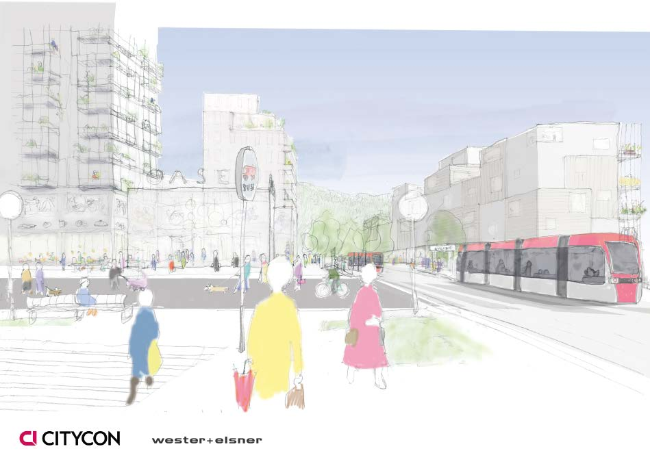 Skisse der eierne av Oasen, Citycon skisserer en framtidige mulig byutvikling ved Bybanenstoppet på Oasen, med bebyggelse også sør for stoppet.