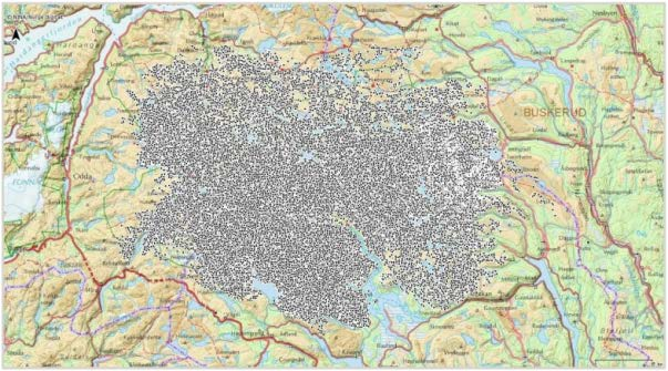 Tyssespranget kraftverk - miljørapport Figur 7. GPS lokasjoner for merkede villrein på Hardangervidda i perioden 2001-2009. Kilde: NINA.