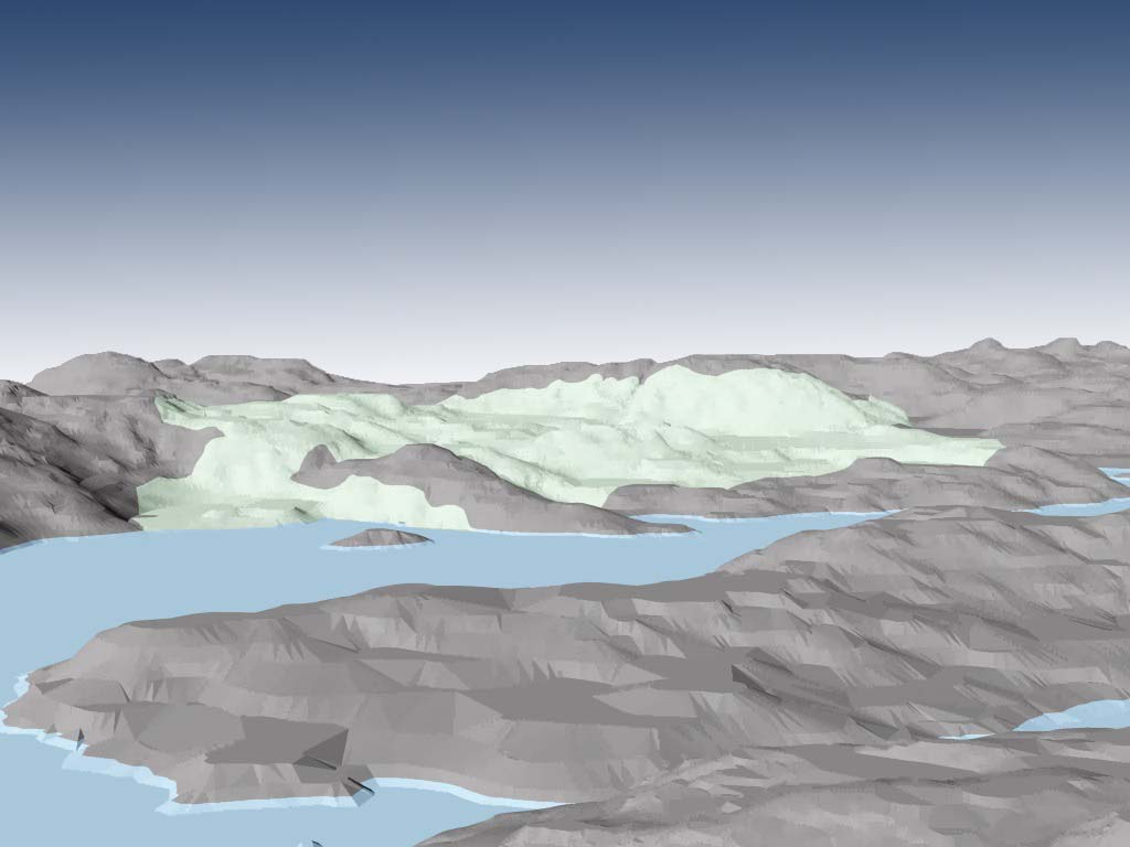 Terrengmodellen viser området sett fra Midre Revøy. Planområdet er markert med lys grønn farge. Bratt terreng definerer det visuelle landskapsrommet i vika.