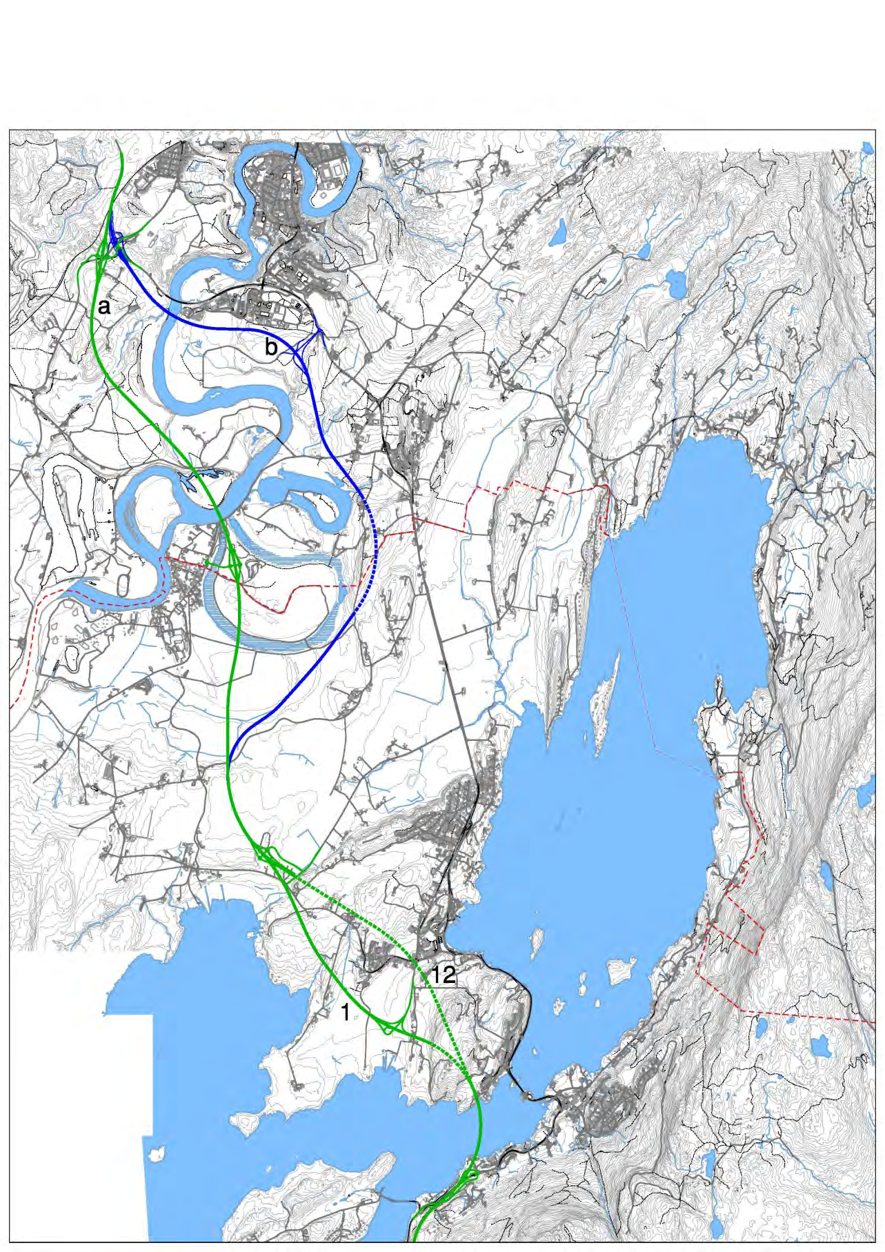 Oversiktskart over løsningene som er på høring/offentlig ettersyn Løsningene er like Skaret Rørvik (vises ikke på kartet) A1a og A1b har kort tunnel gjennom Gjesval-/Fekjæråsen, kryss på Smiujordet,