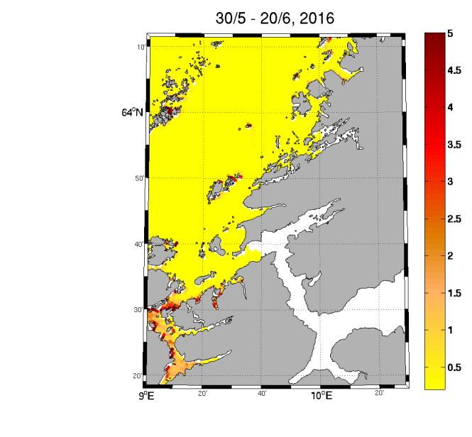Periode 1 Periode 2 Figur 29. Resultater fra den hydrodynamiske spredningsmodellen for lakselus langs kysten av Sør- Trøndelag i periode 1 (venstre) og periode 2 (høyre).