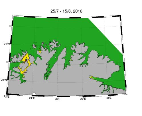 hele området utover sommeren. Det forventes derfor liten negativ effekt på utvandrende laksesmolt fra Troms, med unntak av sør vest i fylket (Ervika) hvor effekten forventes moderat.