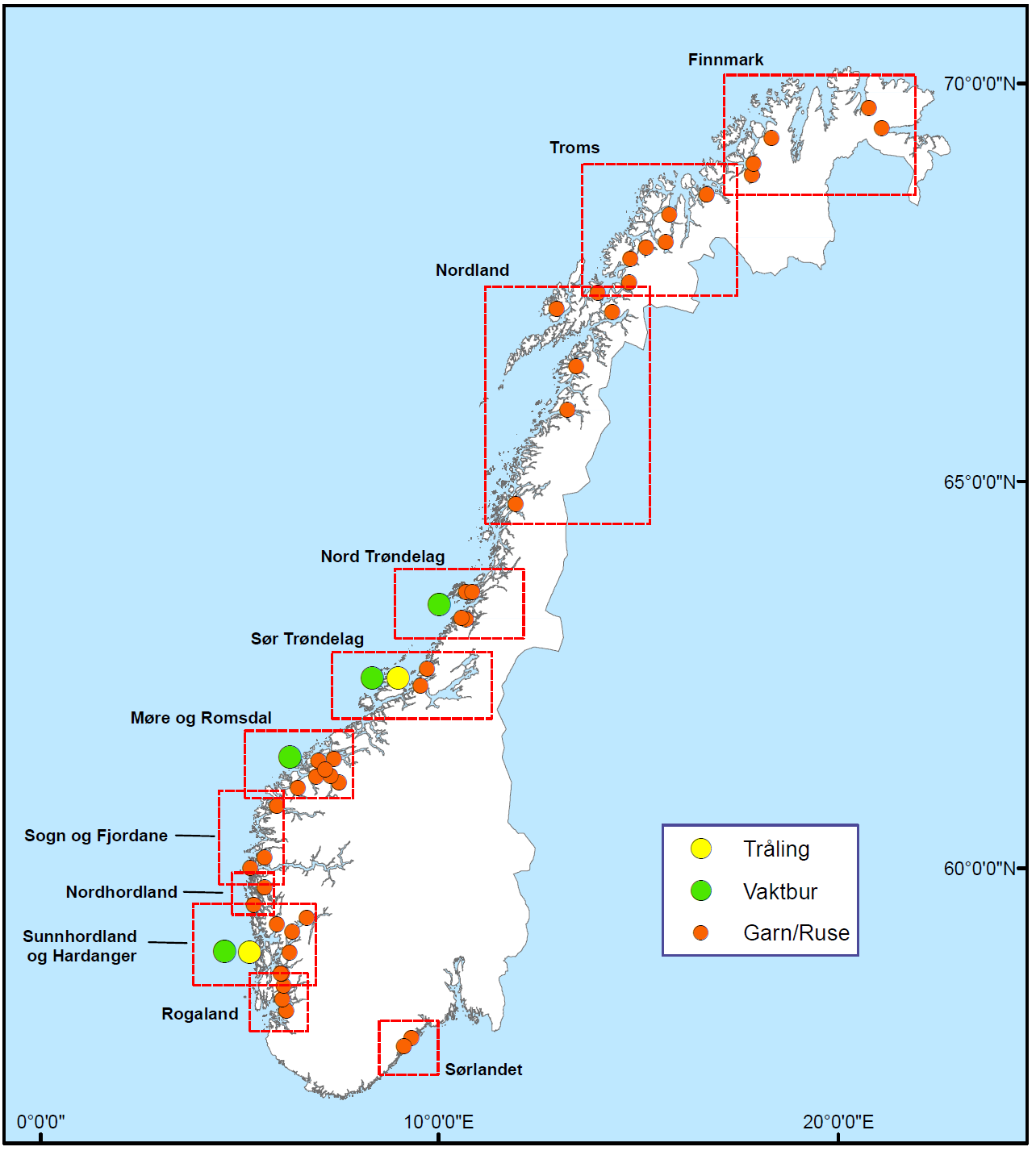 trålundersøkelsen. Figur 1. Kart over områdene hvor vill laksefisk ble undersøkt for lakselusinfestasjon våren og sommeren 2016.