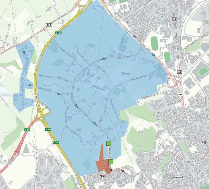 Figur 6 Illustrasjon som viser endret kjøremønster for tilgrensende boliger/eiendommer. Veistengingen er markert med grønt.